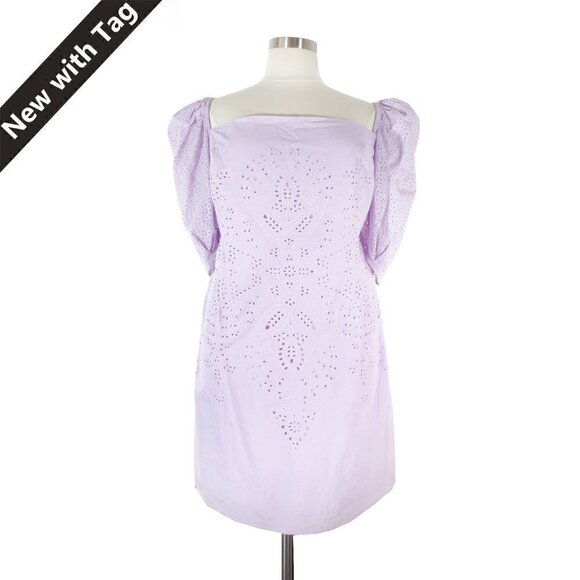 H&M Eyelet Puff Sleeve Dress Purple Sz XXL Square Neck Shift Silhouette Zip - Picture 2 of 9
